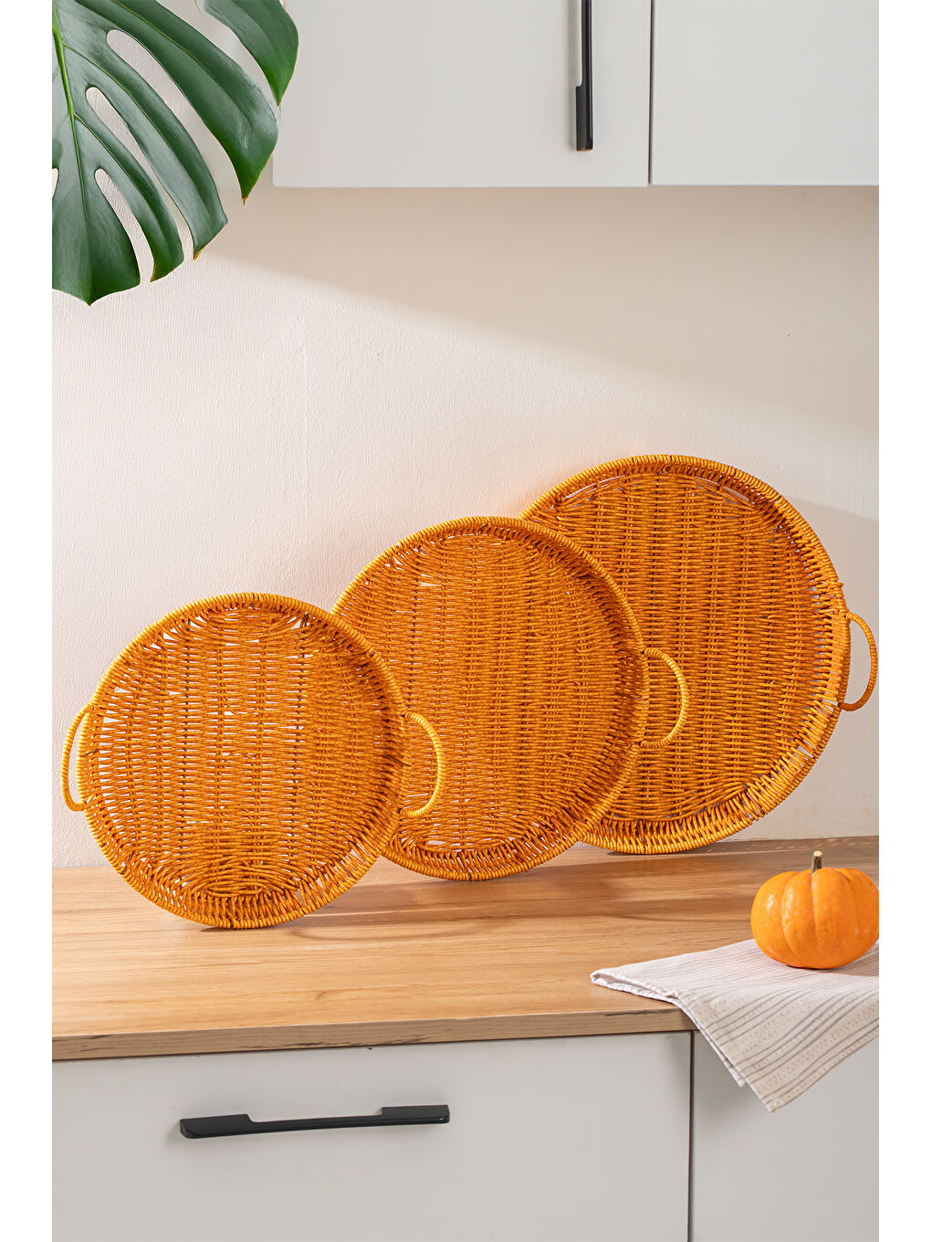 Kahverengi 710-A Yuvarlak 3'lü Dekoratif Ev Mutfak Düzenleyici Kulplu Hasır Sepet Seti Hasır Tepsi-1