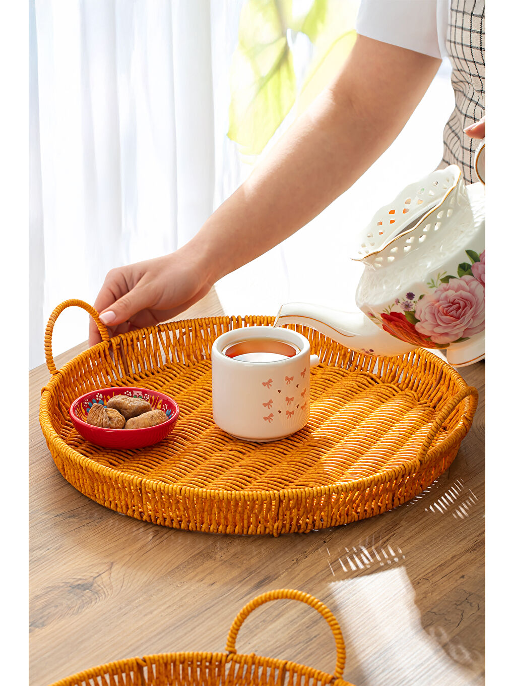 Kahverengi 710-A Yuvarlak 3'lü Dekoratif Ev Mutfak Düzenleyici Kulplu Hasır Sepet Seti Hasır Tepsi-2