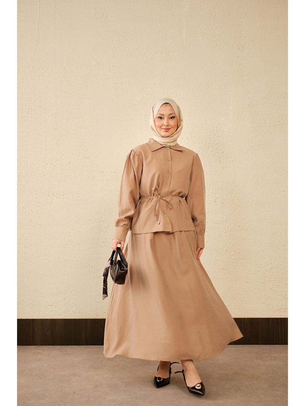 Bej Kadın Bel Bağlamalı Gömlek Takım Vizon-3