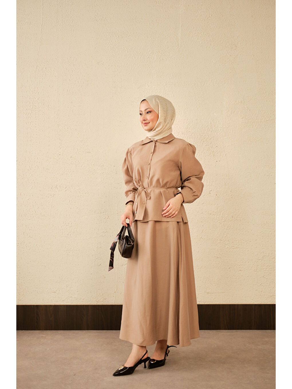 Bej Kadın Bel Bağlamalı Gömlek Takım Vizon-4