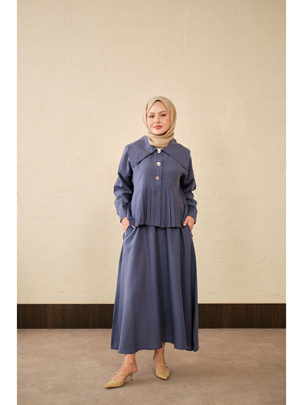 Kadın Gemici Yaka Fırfır Detay Takım İndigo Mavi-1