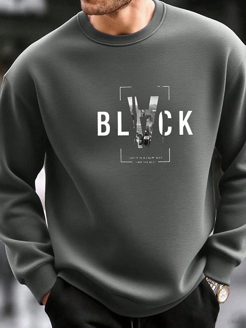 Gri Füme Black Baskılı Bisiklet Yaka Sweatshirt