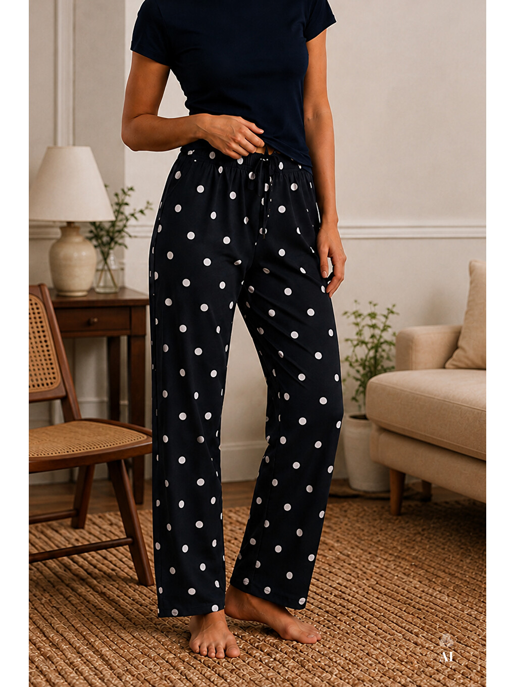 Siyah Kadın 2'li Pamuklu Uzun Pijama Altı-1