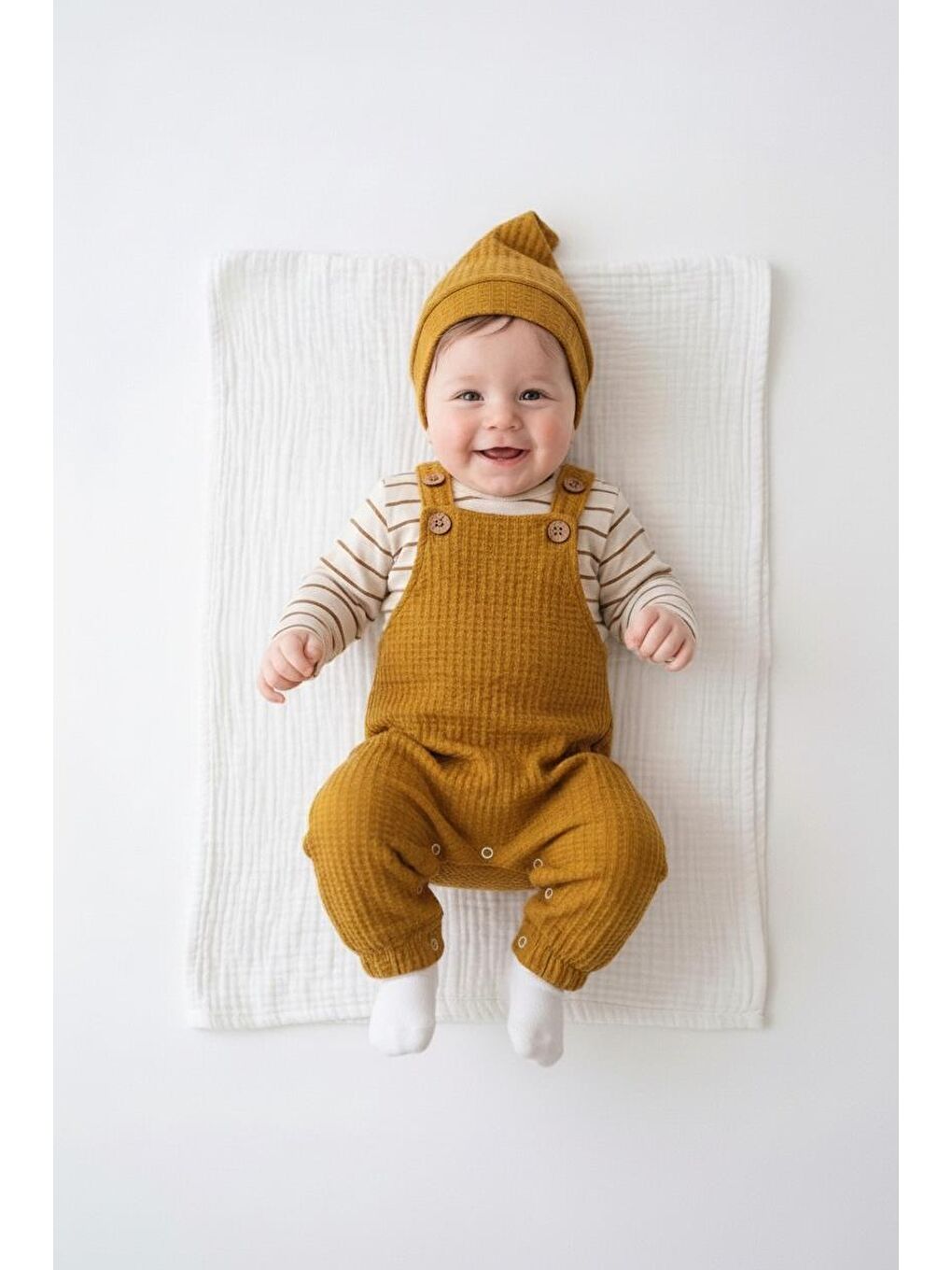 Sarı Elastanlı Gofre Salopet Sweat Bere 3lü Takım-1