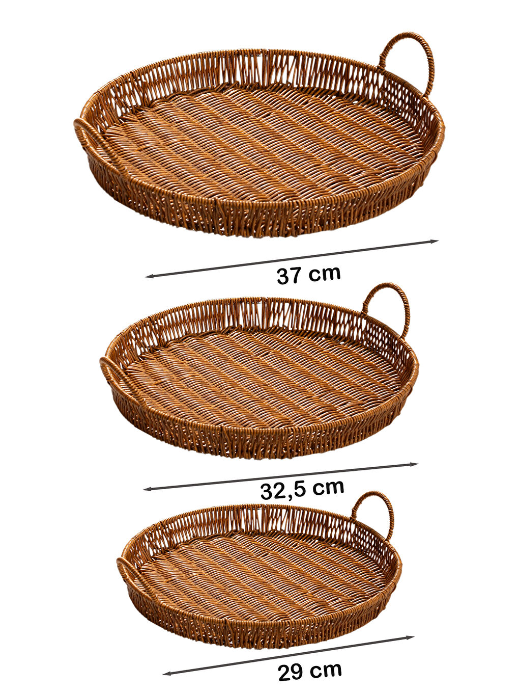 Kahverengi 710-C Yuvarlak 3'lü Dekoratif Ev Mutfak Düzenleyici Kulplu Hasır Sepet Seti Hasır Tepsi-2