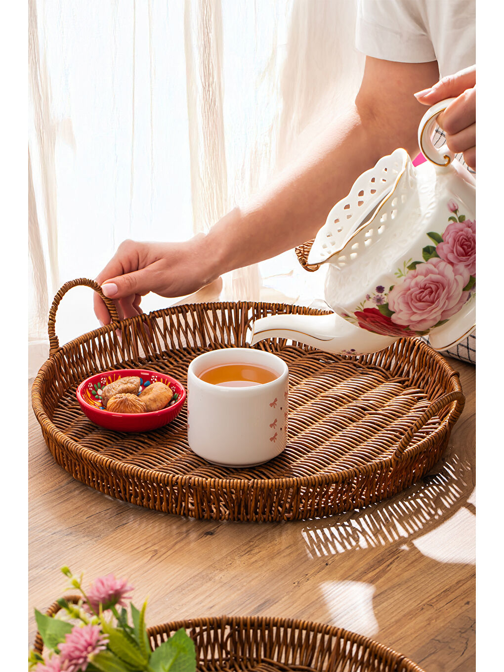 Kahverengi 710-C Yuvarlak 3'lü Dekoratif Ev Mutfak Düzenleyici Kulplu Hasır Sepet Seti Hasır Tepsi-3