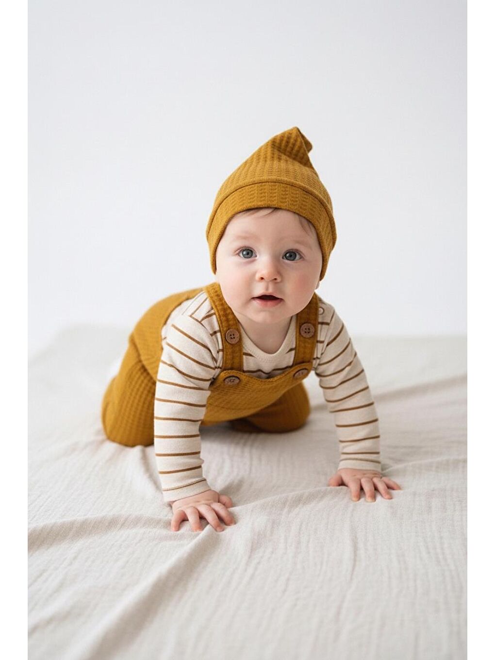 Sarı Elastanlı Gofre Salopet Sweat Bere 3lü Takım-2