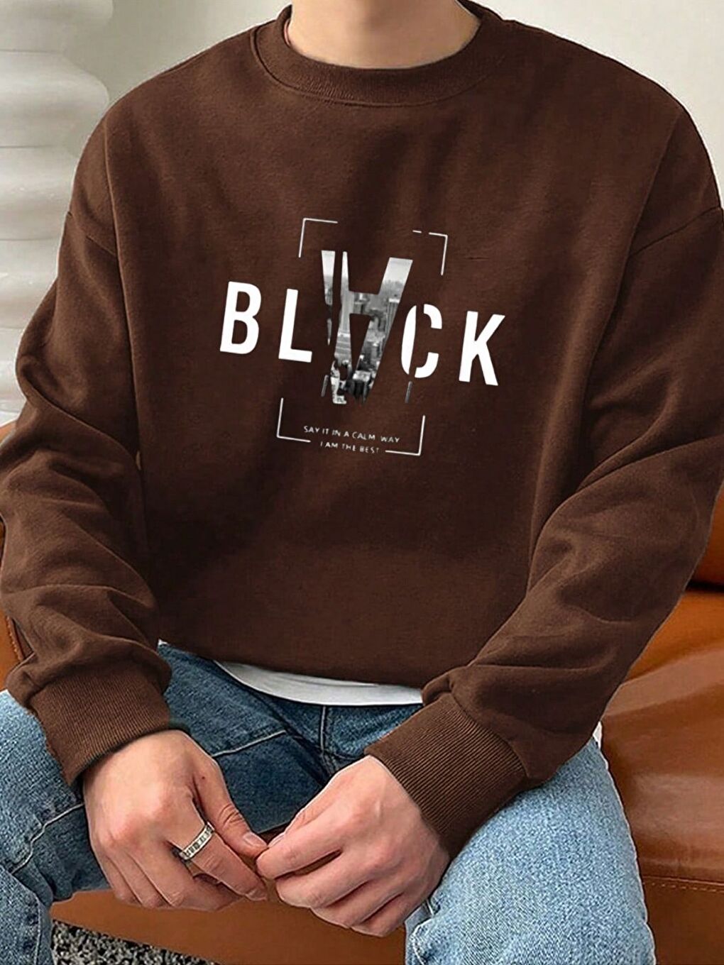 Kahverengi Kahve Black Baskılı Bisiklet Yaka Sweatshirt