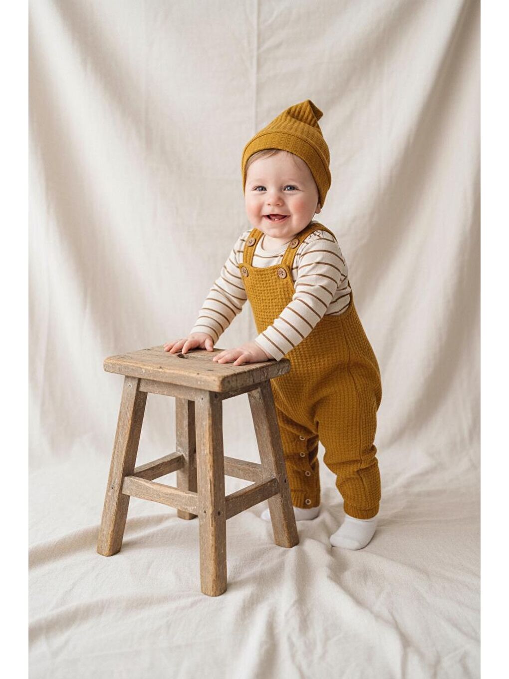 Sarı Elastanlı Gofre Salopet Sweat Bere 3lü Takım-3