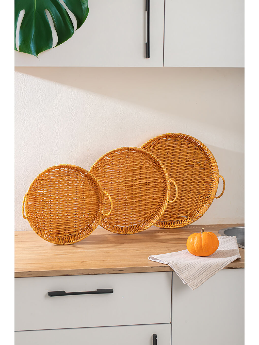 Kahverengi 710-B Yuvarlak 3'lü Dekoratif Ev Mutfak Düzenleyici Kulplu Hasır Sepet Seti Hasır Tepsi-1