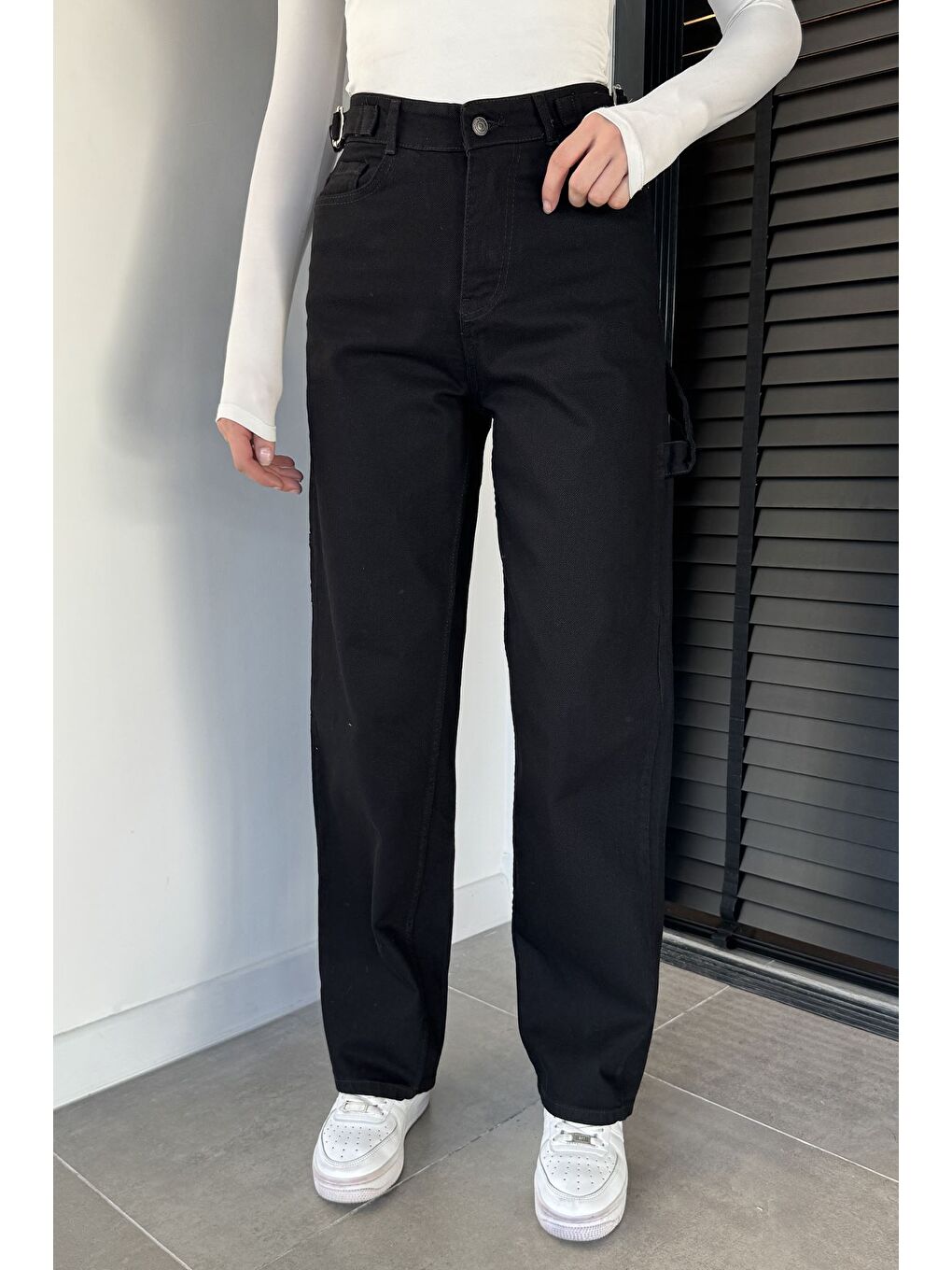 Siyah Kadın Kemer Tokalı Yüksek Bel Jean Jean Pantolon-1