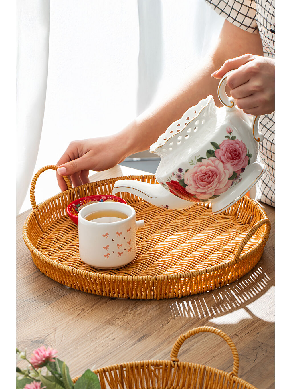 Kahverengi 710-B Yuvarlak 3'lü Dekoratif Ev Mutfak Düzenleyici Kulplu Hasır Sepet Seti Hasır Tepsi-2