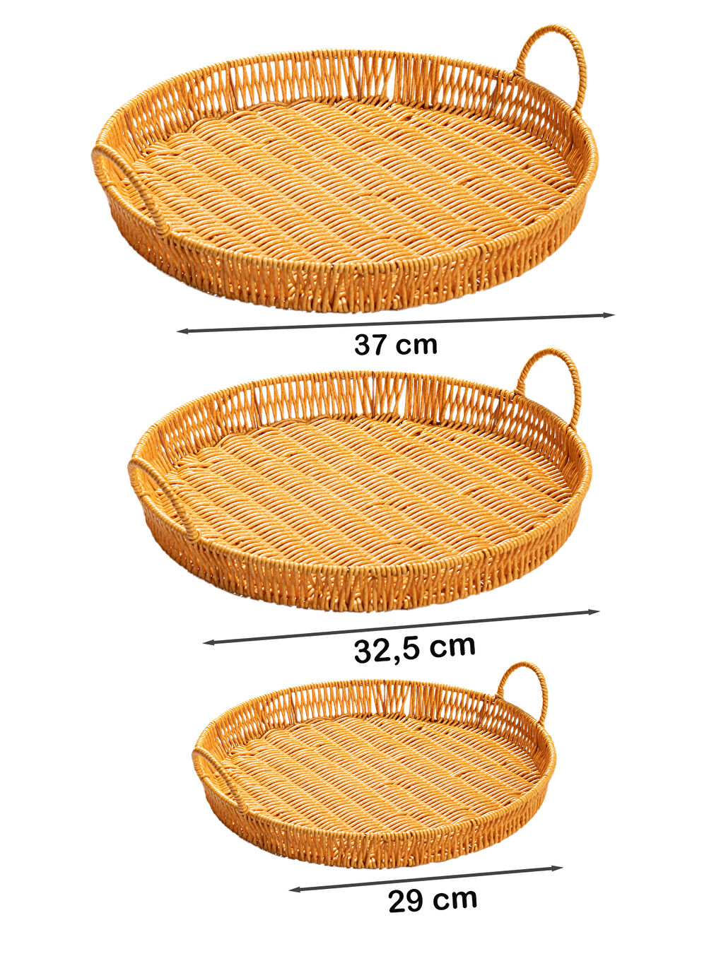 Kahverengi 710-B Yuvarlak 3'lü Dekoratif Ev Mutfak Düzenleyici Kulplu Hasır Sepet Seti Hasır Tepsi-3