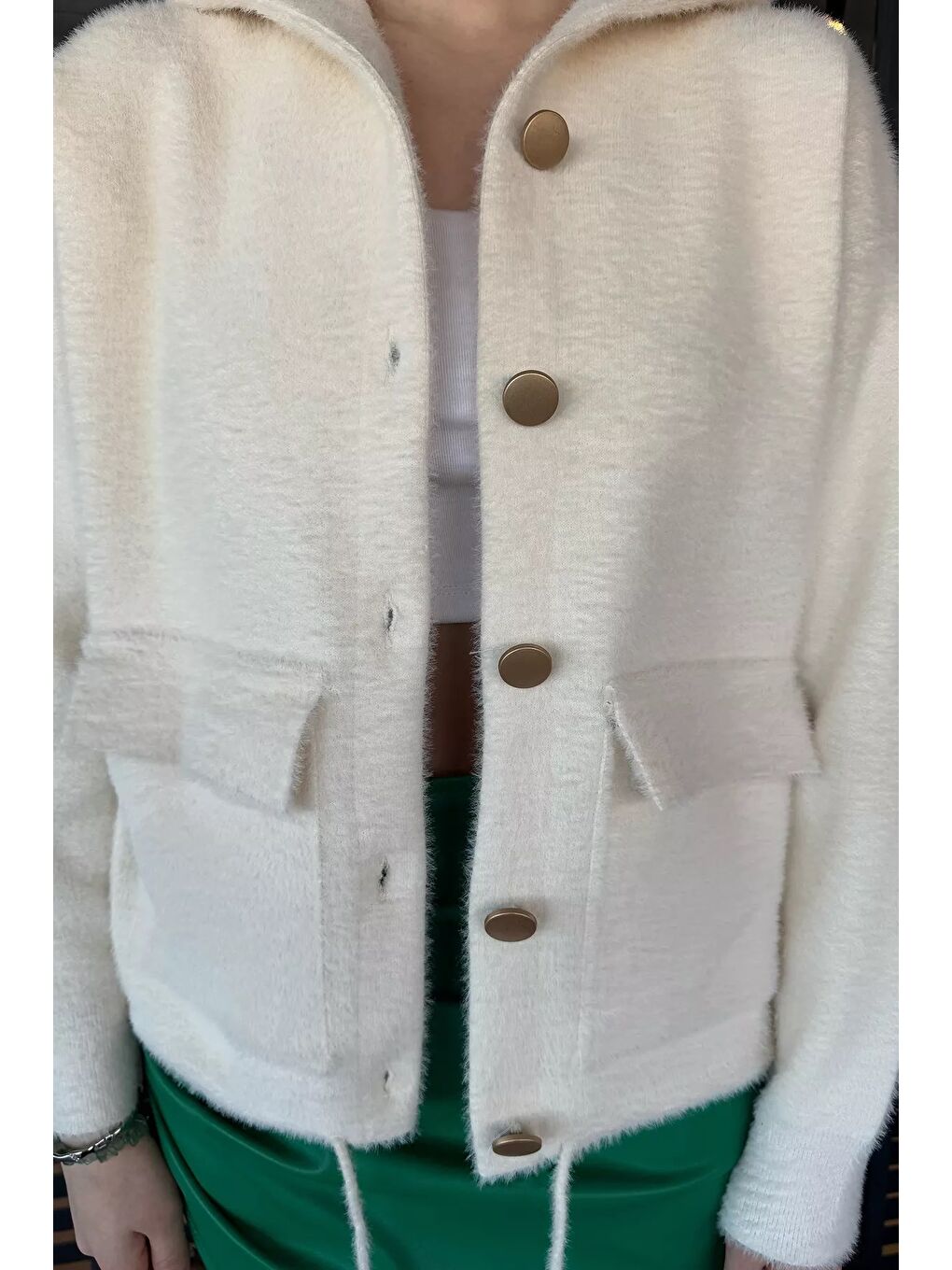 Ekru Kadın Çift Cepli Kapüşonlu Sakallı Hırka-3