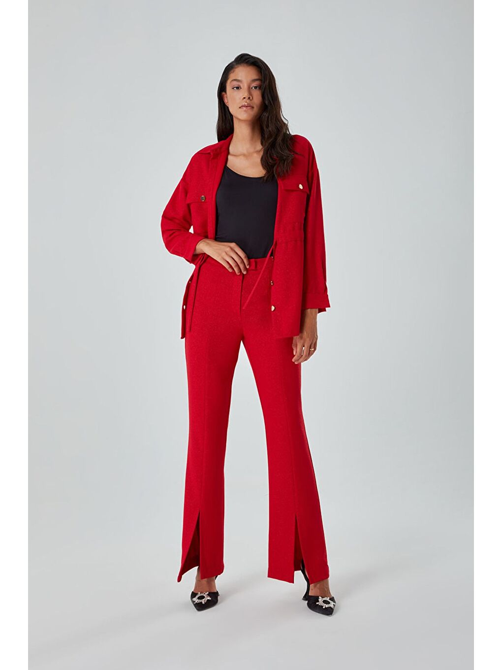 Sim Baskılı Kırmızı Dokuma Pantolon-1