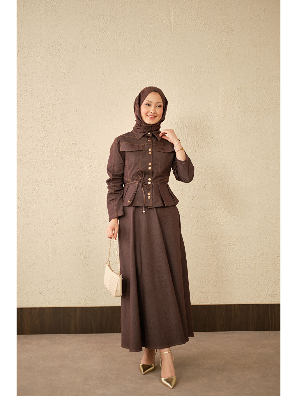 Kadın Çift Cep Görünümlü Dikiş Detay Jean Takım Kahverengi