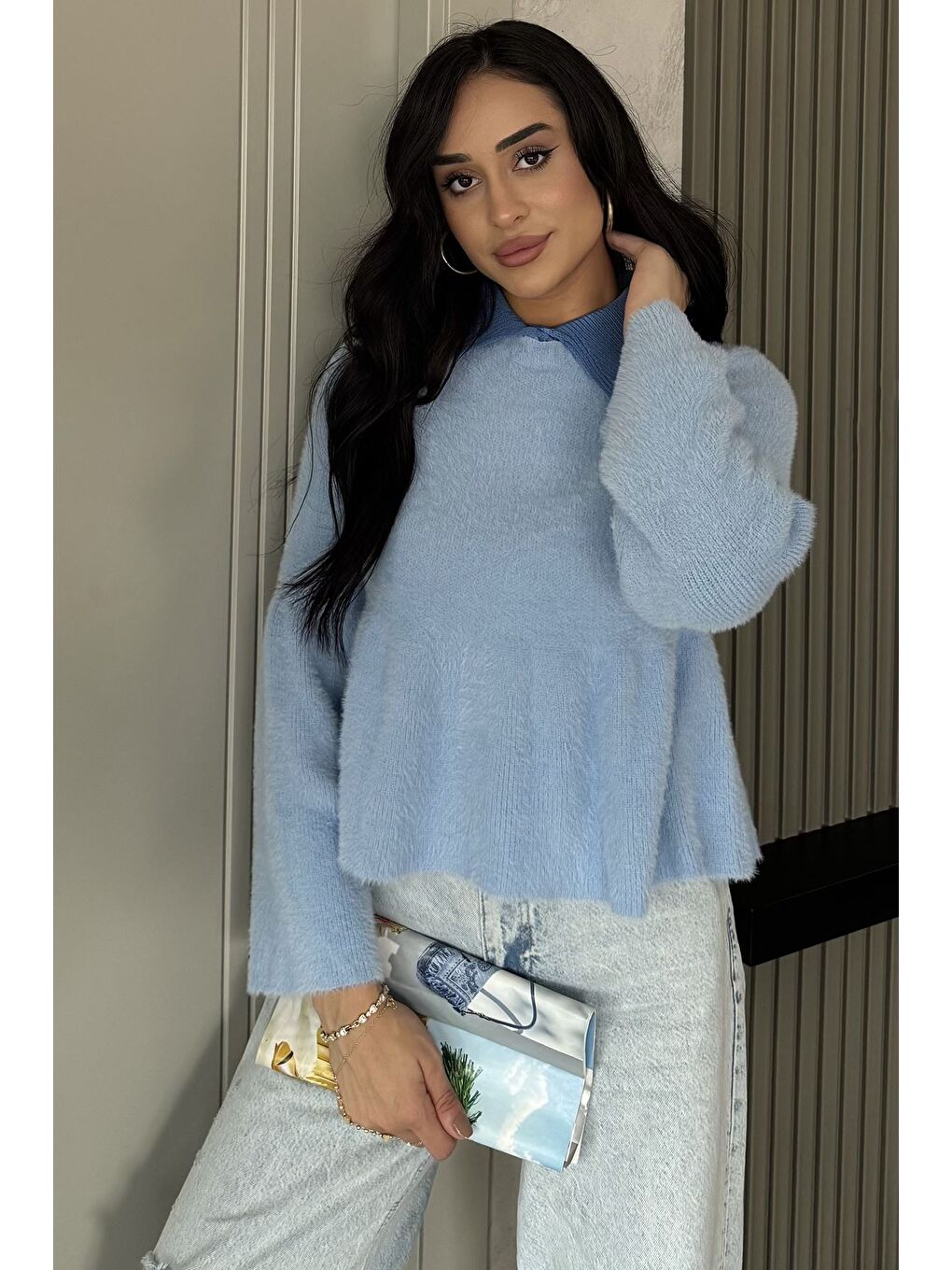 Mavi Gömlek Yaka Şardonlu Triko Bluz (s,m,l,xl Uyumludur)-1