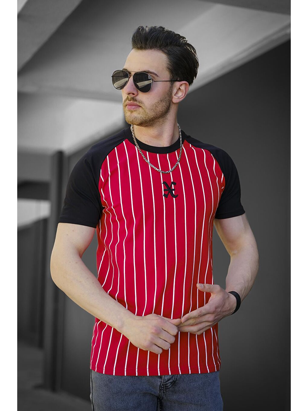 Kırmızı Maceo Slim Fit Elastanlı Kolu Parçalı Çizgili Erkek Tişört