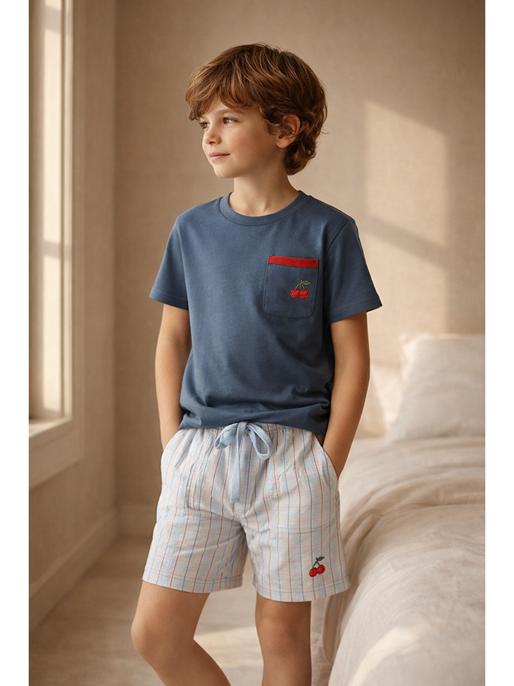 Erkek Çocuk Mediterranean Kiraz Desenli Şortlu Pijama Takımı Lacivert