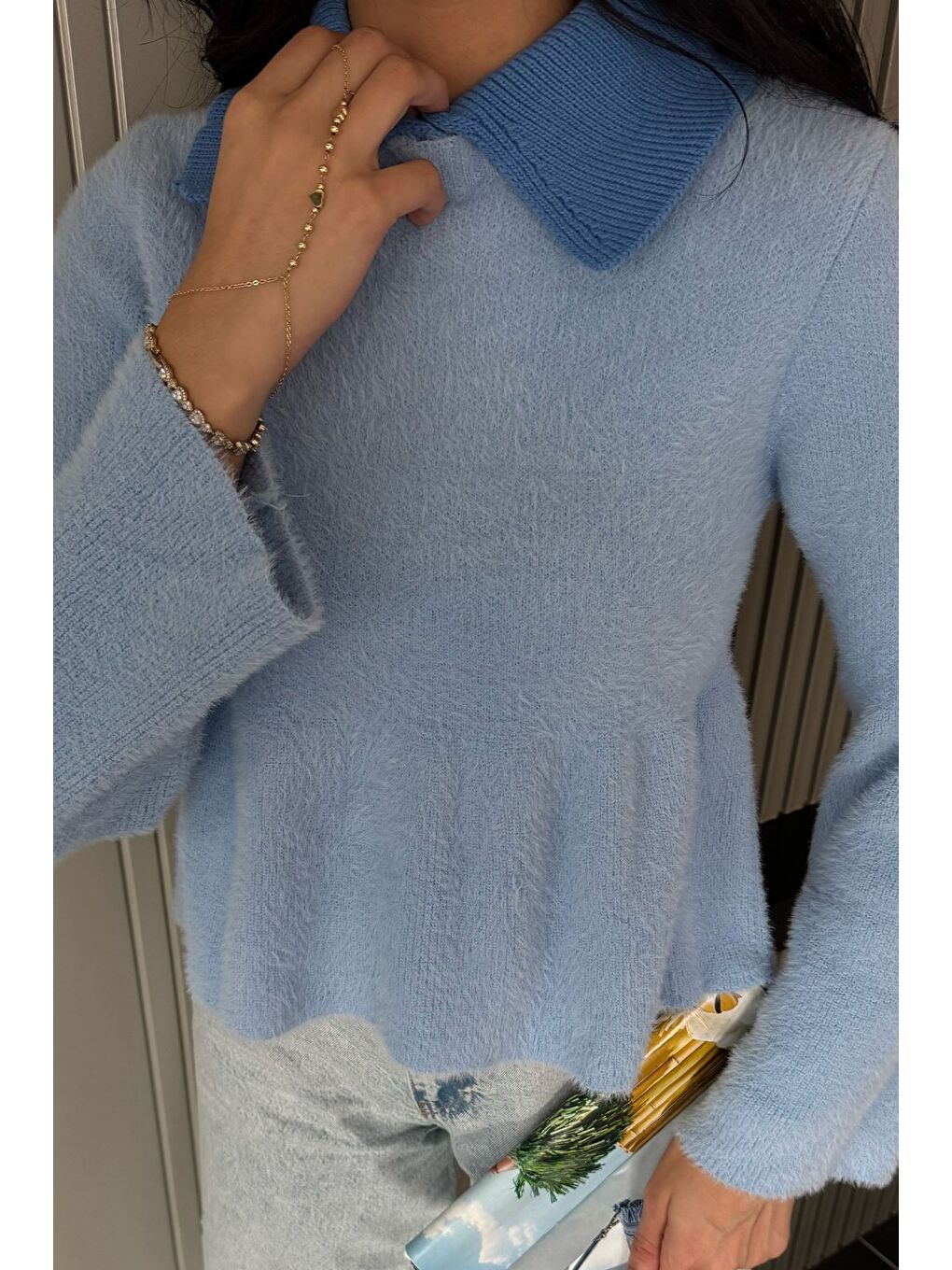 Mavi Gömlek Yaka Şardonlu Triko Bluz (s,m,l,xl Uyumludur)-2