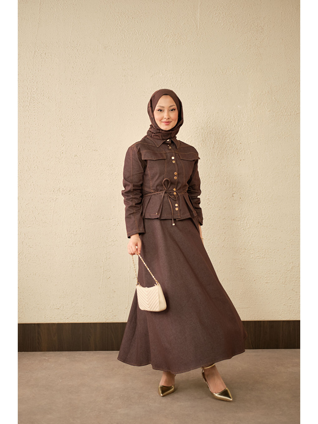 Kadın Çift Cep Görünümlü Dikiş Detay Jean Takım Kahverengi-1