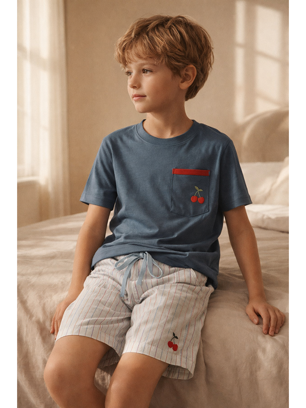 Erkek Çocuk Mediterranean Kiraz Desenli Şortlu Pijama Takımı Lacivert-1
