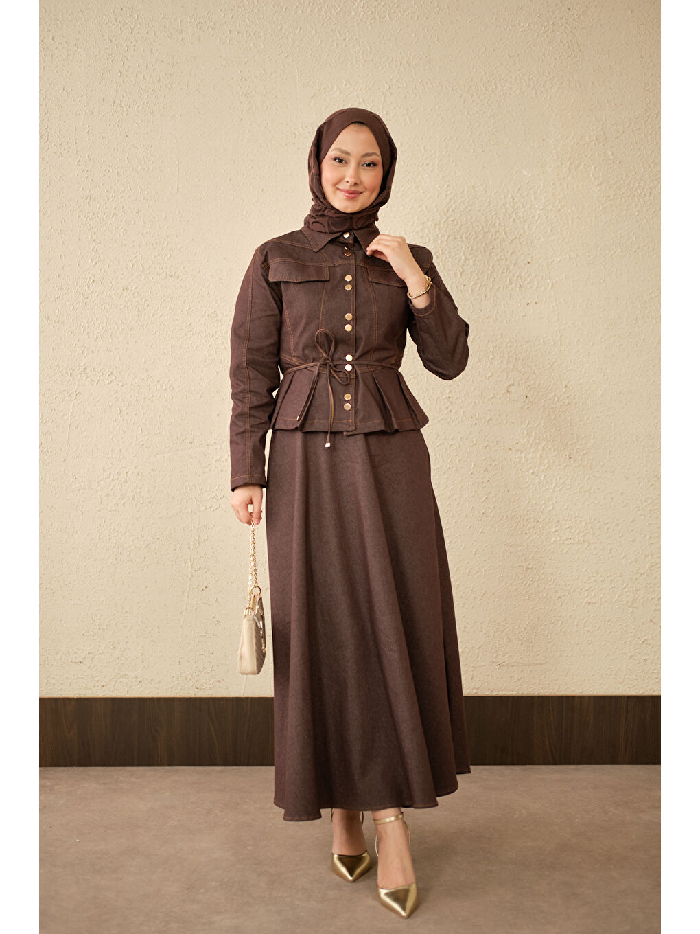 Kadın Çift Cep Görünümlü Dikiş Detay Jean Takım Kahverengi-3