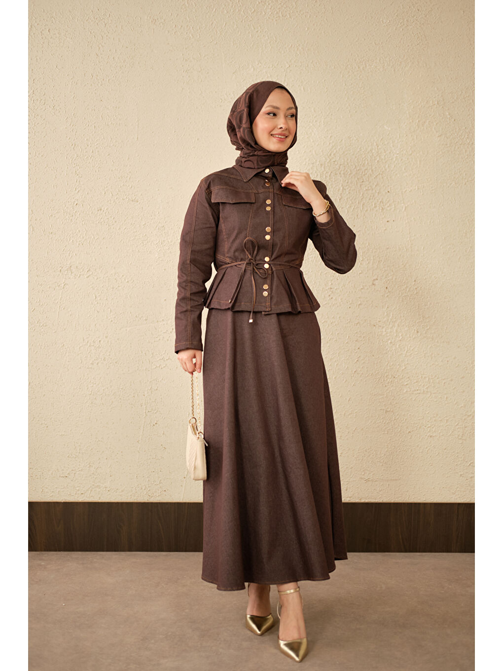 Kadın Çift Cep Görünümlü Dikiş Detay Jean Takım Kahverengi-4