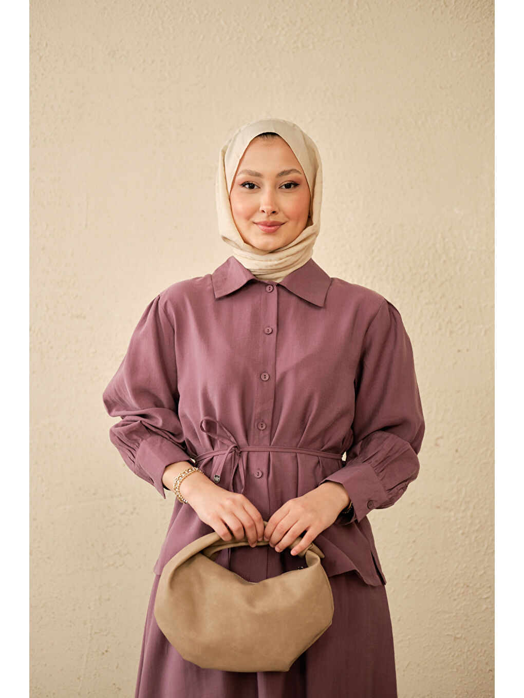 Kadın Bel Bağlamalı Gömlek Takım Mürdüm-2