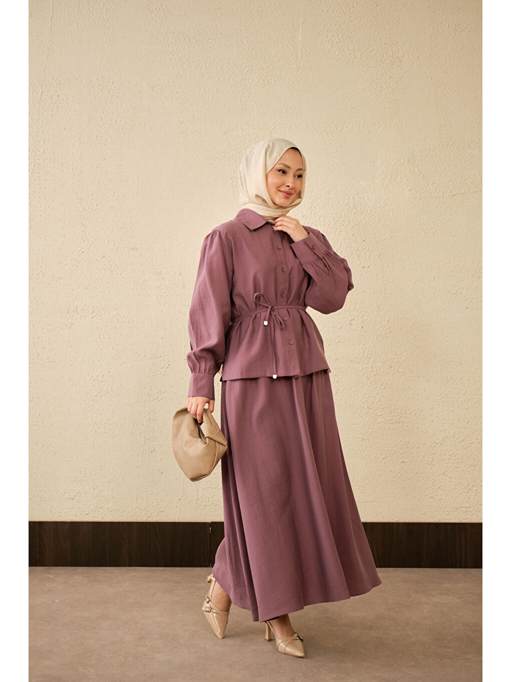 Kadın Bel Bağlamalı Gömlek Takım Mürdüm-3