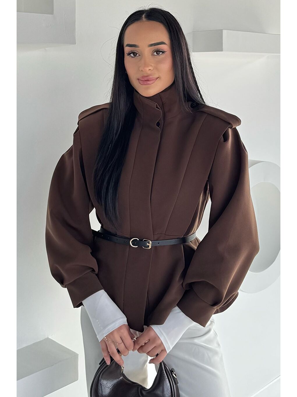 Kahverengi Kadın Vatkalı Astarlı Trenç Ceket-1