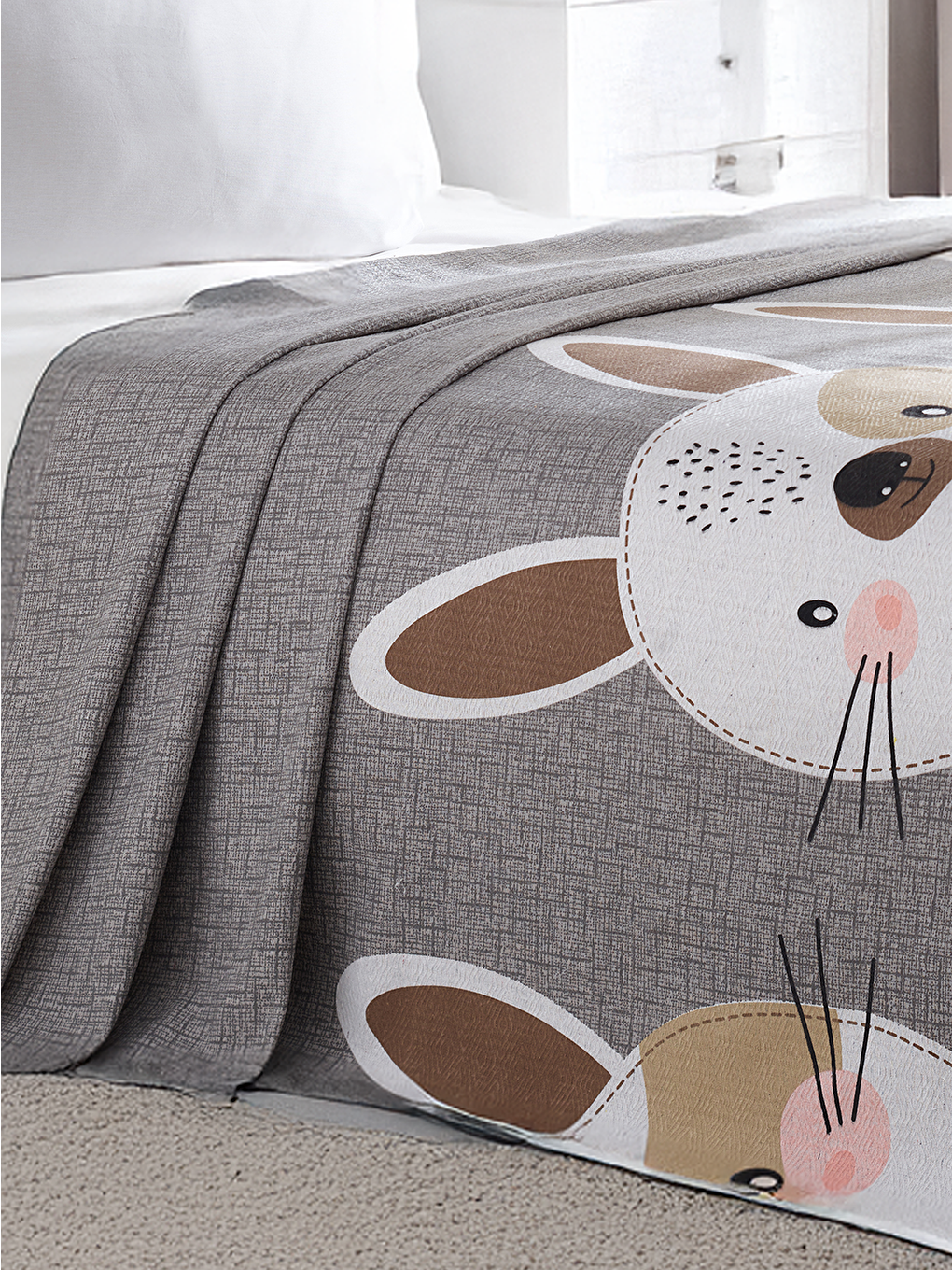 Kahverengi Doğal Pike Baskılı Tek Kişilik Tavşancık A.Kahve-Gri-Pembe-2