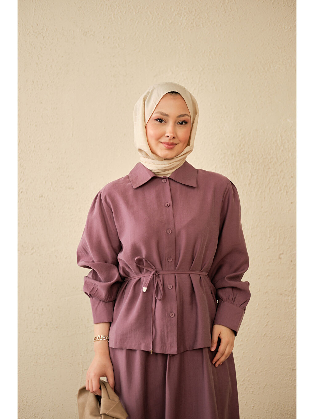Kadın Bel Bağlamalı Gömlek Takım Mürdüm-4