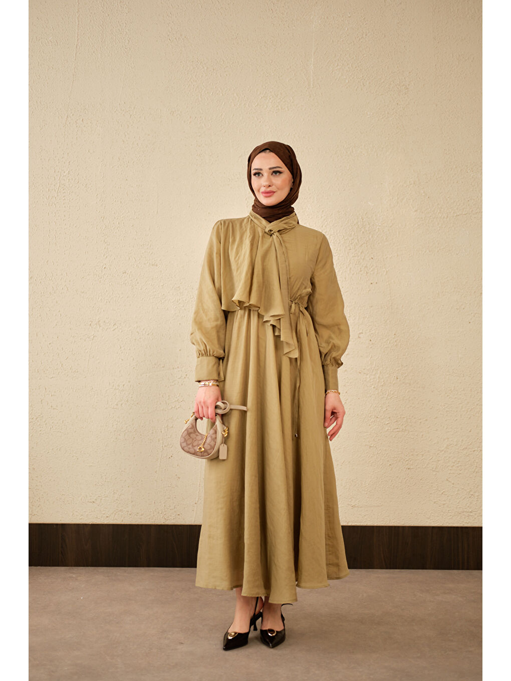 Kadın Tül Detay Şal Yaka Bel Bağlamalı Elbise Yağ Yeşil-1