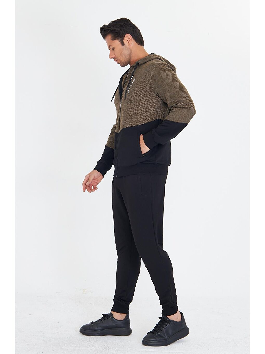 Erkek Pamuklu Kapüşonlu Eşofman Takımı Bej 5815-B-3