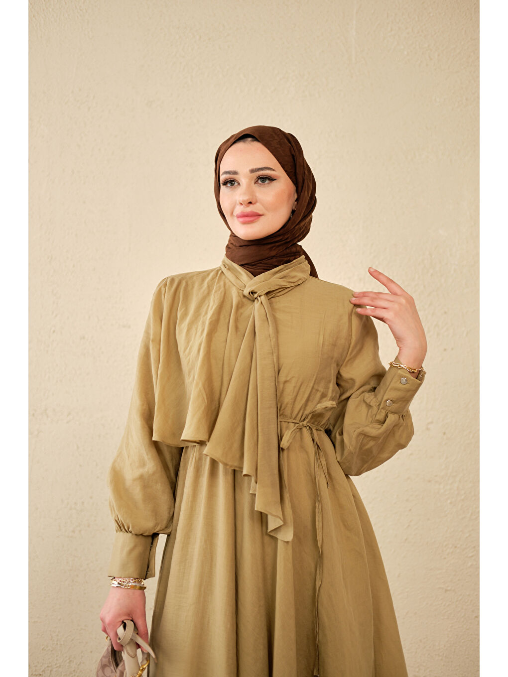 Kadın Tül Detay Şal Yaka Bel Bağlamalı Elbise Yağ Yeşil-2