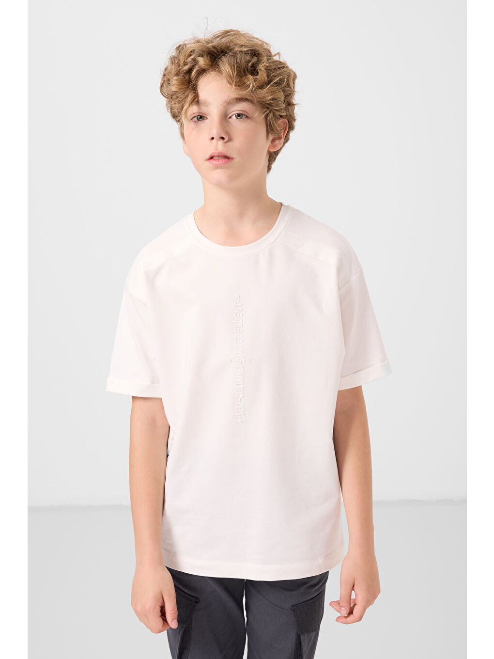 Ekru Pamuklu Yumuşak Dokulu Oversize Baskılı Erkek Çocuk T-Shirt - 11301-2