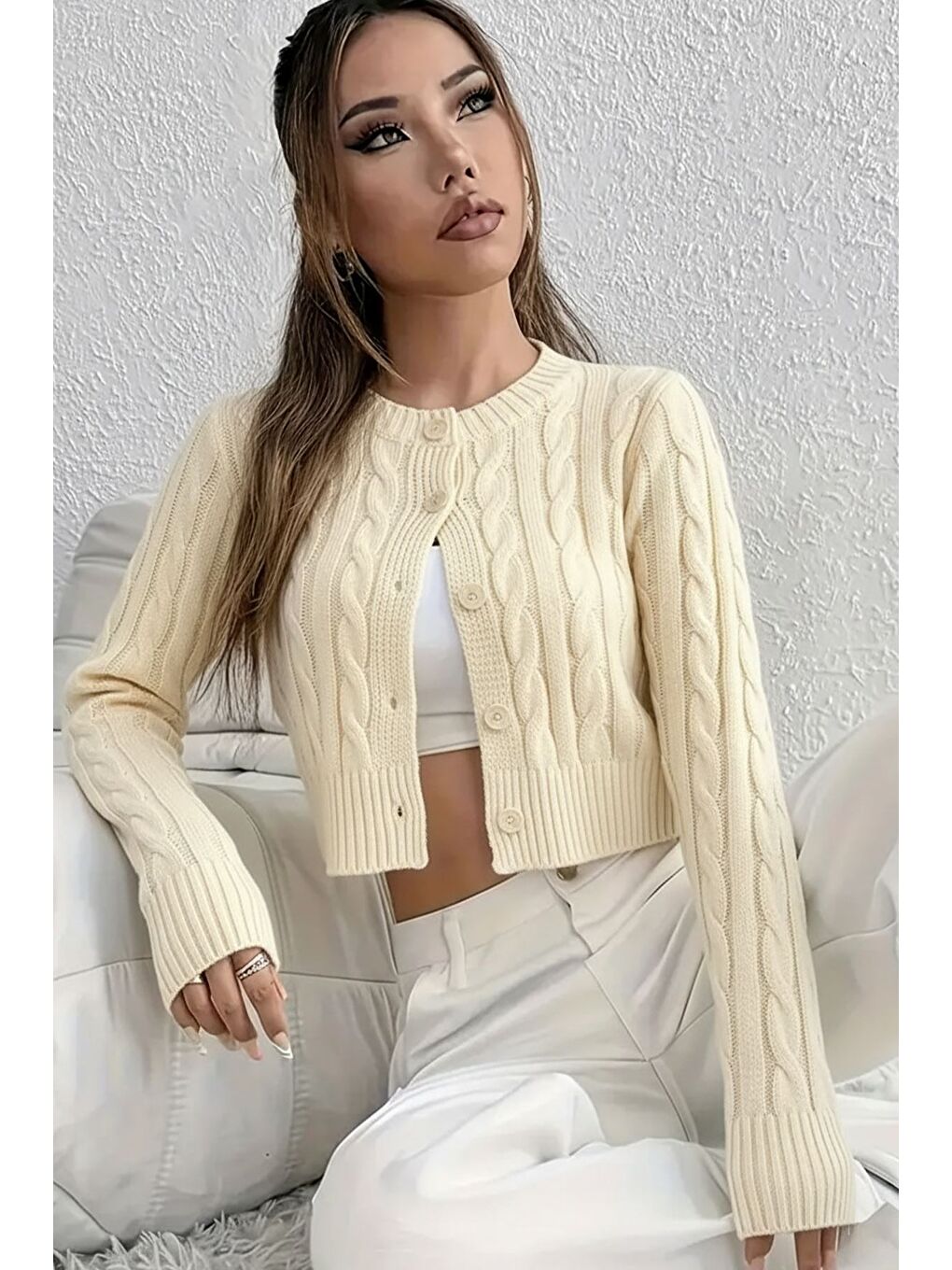 Ekru Örgü Desenli Kadın Triko Hırka (s,m,l Uyumludur)