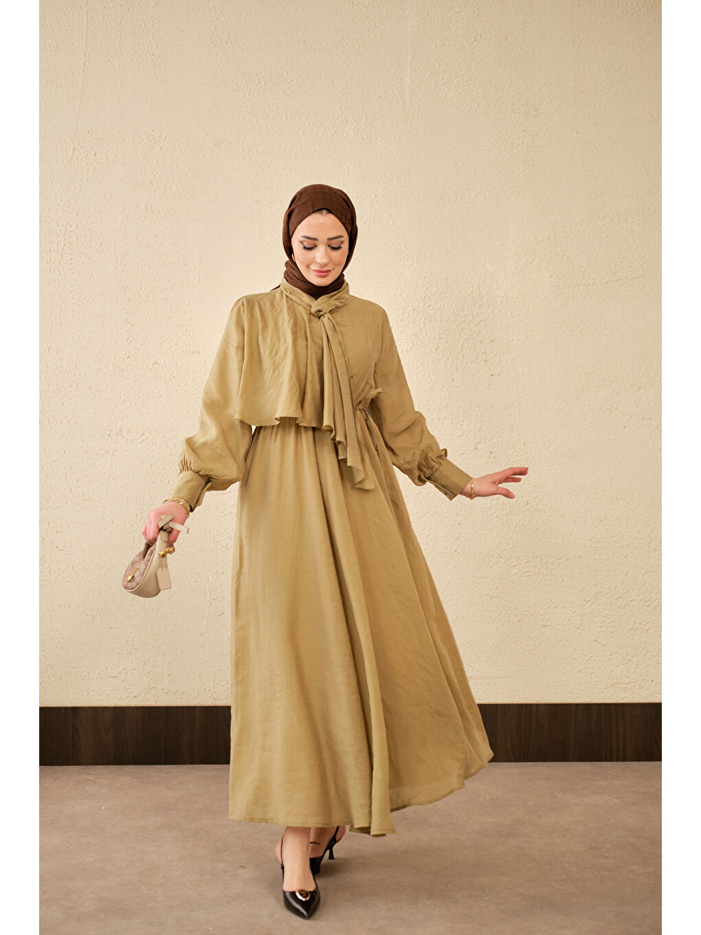 Kadın Tül Detay Şal Yaka Bel Bağlamalı Elbise Yağ Yeşil-3