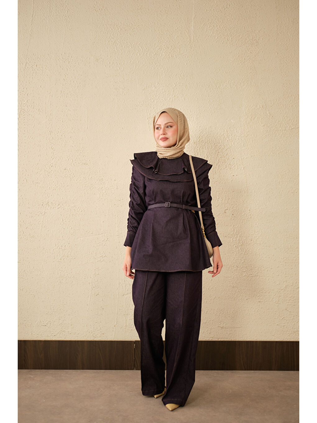 Kadın Yaka Ve Kol Büzgülü Kemer Bağlamalı Jean Takım Mor-1