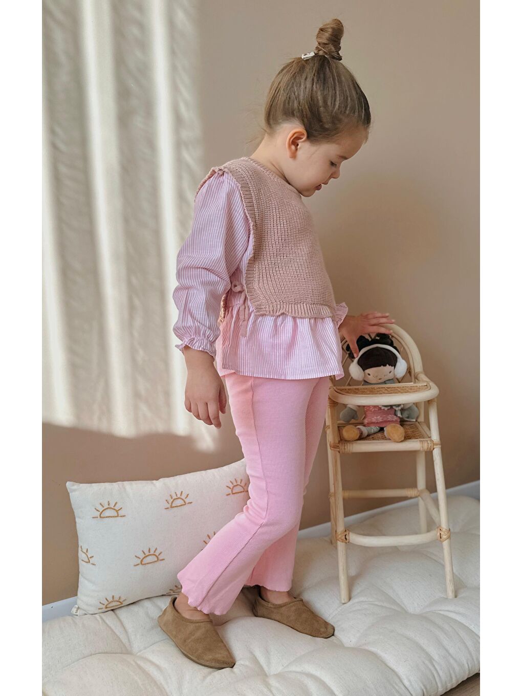 Pembe Dokuma Gömlek Triko Kışlık Alt-Üst Takım Kız Çocuk-1
