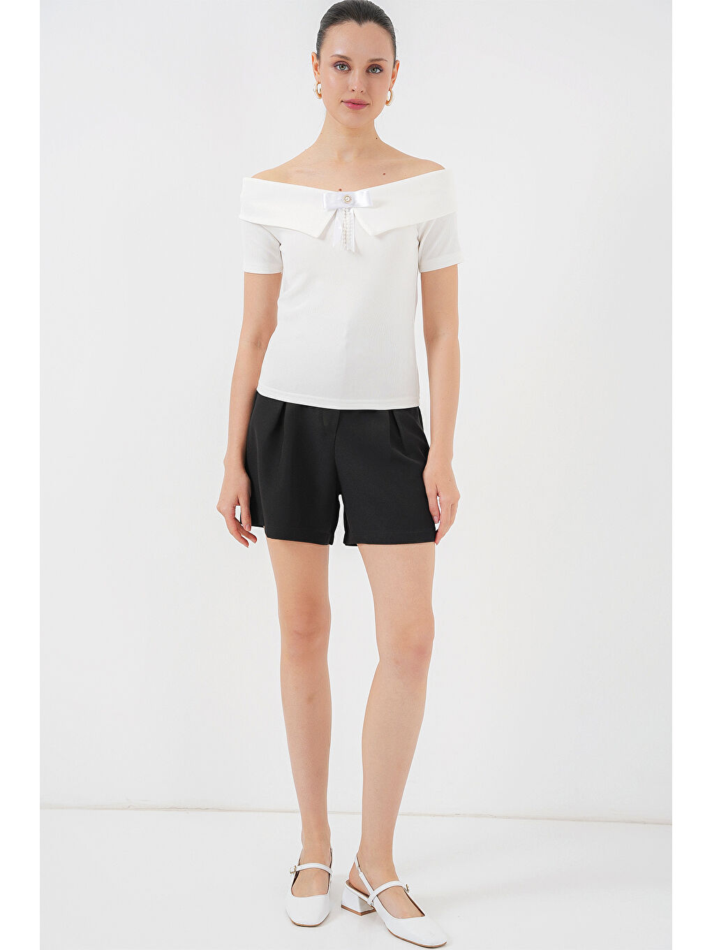 Kurdele Detaylı Örme Bluz 949 - Beyaz-1