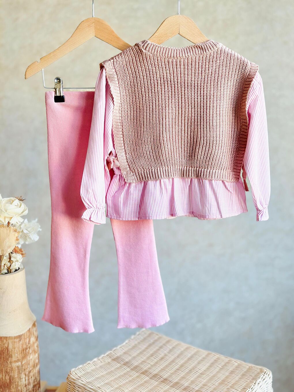 Pembe Dokuma Gömlek Triko Kışlık Alt-Üst Takım Kız Çocuk-2