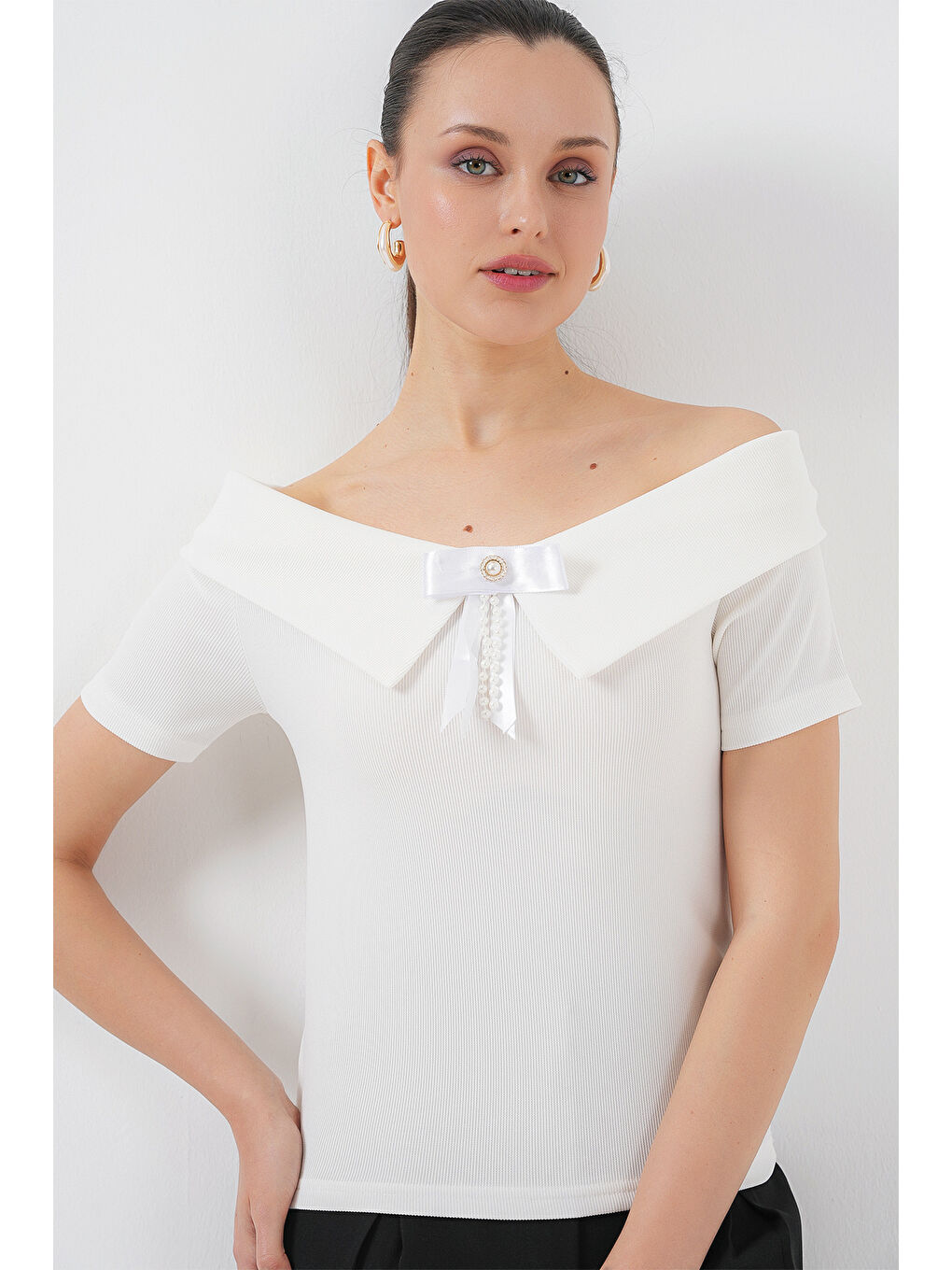 Kurdele Detaylı Örme Bluz 949 - Beyaz-2