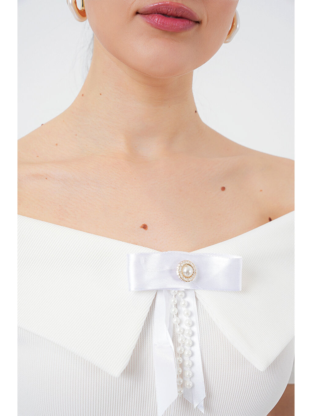 Kurdele Detaylı Örme Bluz 949 - Beyaz-3