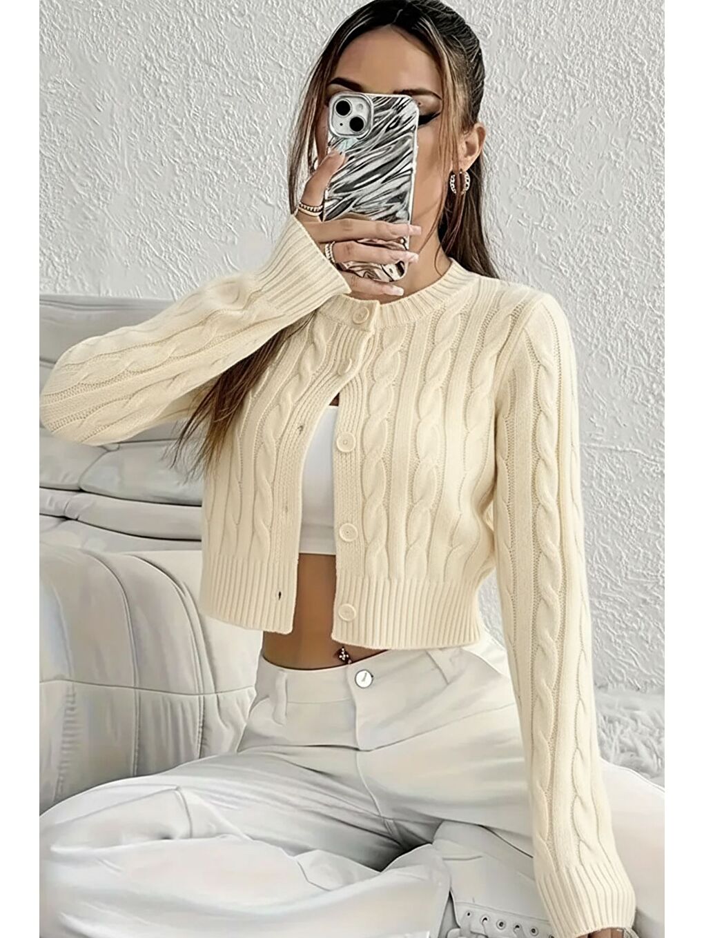 Ekru Örgü Desenli Kadın Triko Hırka (s,m,l Uyumludur)-1