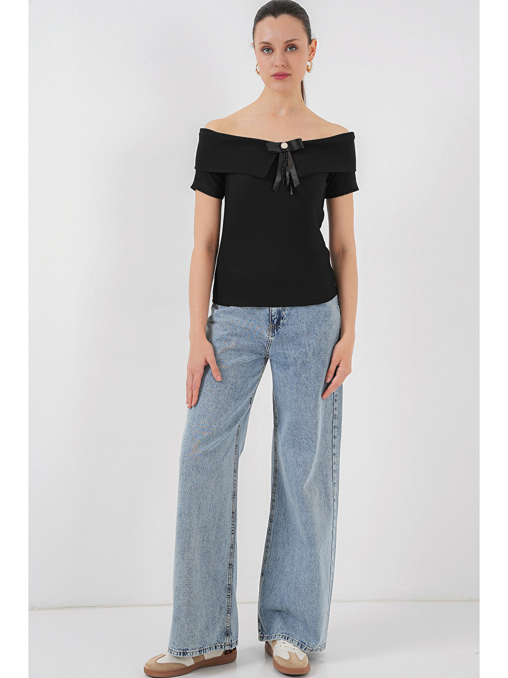 Kurdele Detaylı Örme Bluz 949 - Siyah-1