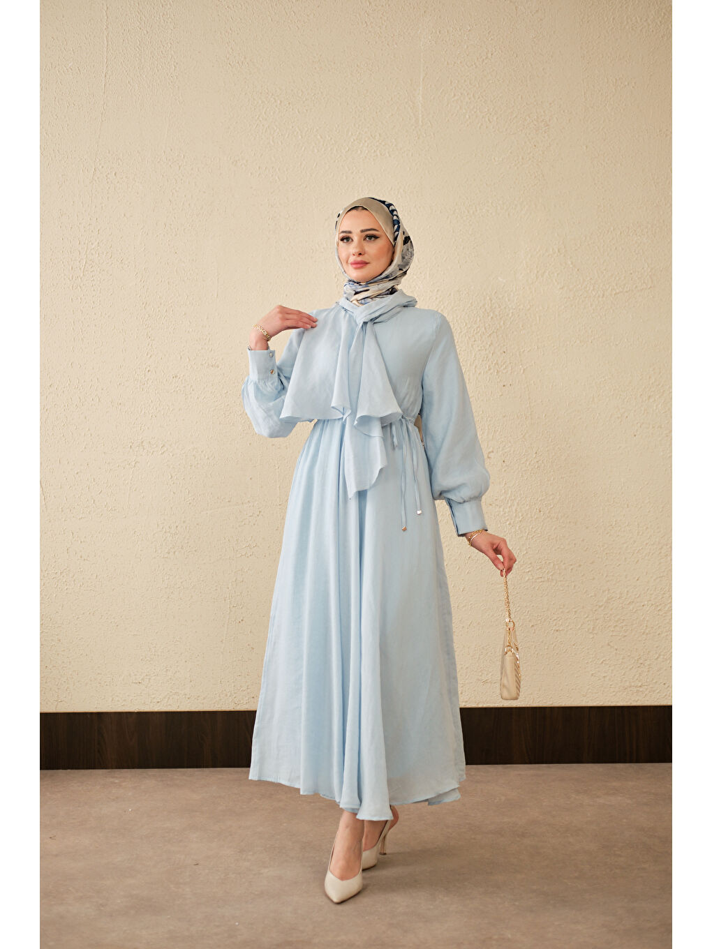 Kadın Tül Detay Şal Yaka Bel Bağlamalı Elbise Bebe Mavi