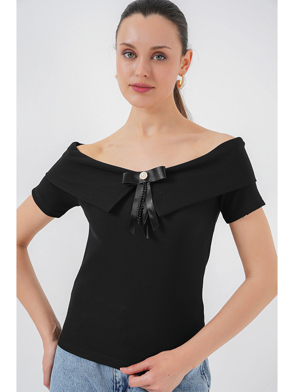 Kurdele Detaylı Örme Bluz 949 - Siyah-2