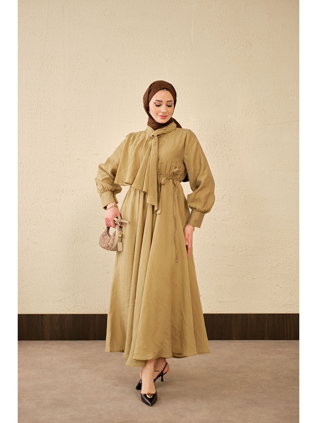 Kadın Tül Detay Şal Yaka Bel Bağlamalı Elbise Yağ Yeşil-4